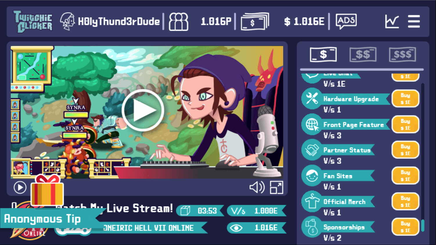 Twitchie Clicker Game Stats Maxed Out Screenshot.