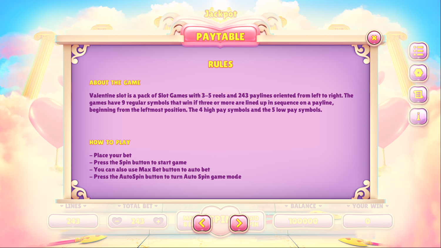 Valentine's Day Slots Game Rules Screenshot.