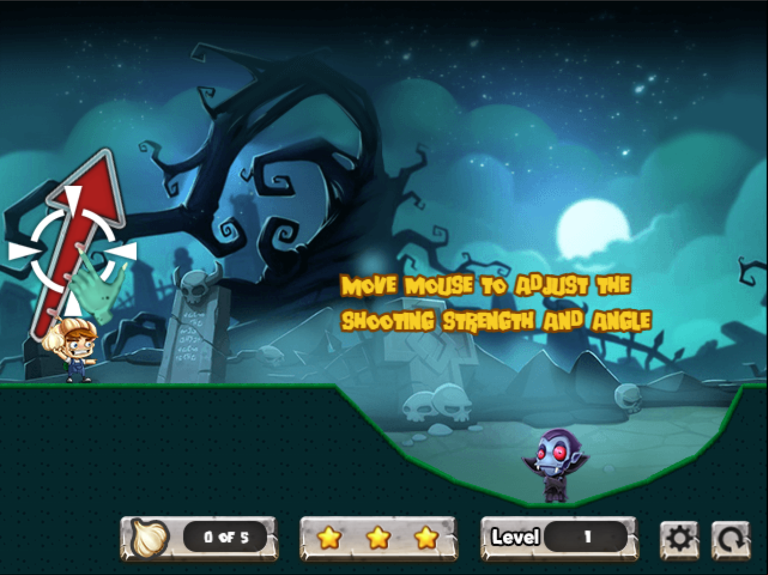 Vampires And Garlic Game Set Shot Strength Instructions Screenshot.