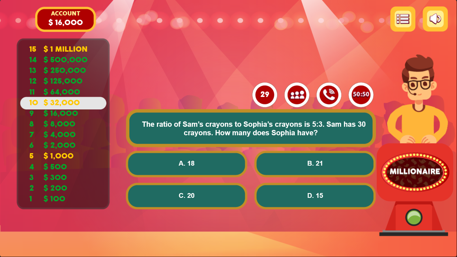 Who is the Kid Millionaire Game Question Progress Screenshot.