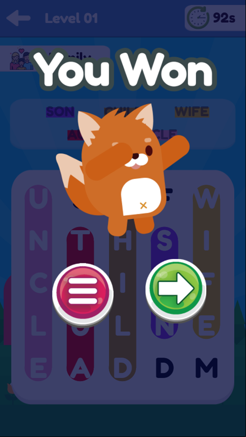 Word Search Puzzles Game Level Complete Screenshot.
