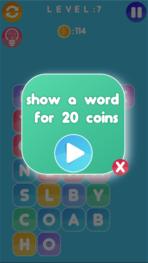 Word Search Game Show a Word Screen Screenshot.