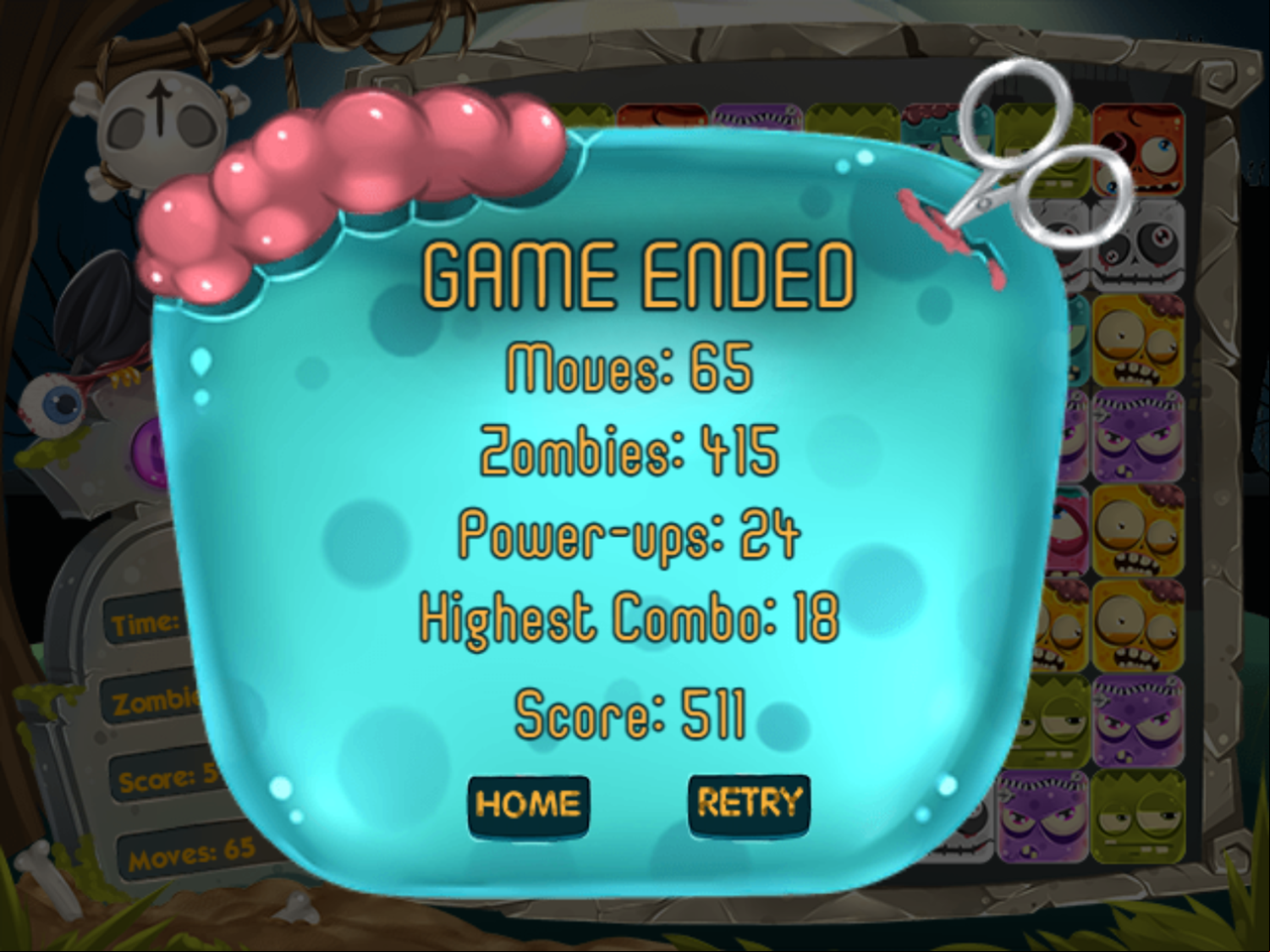 Zombie Gems Game Ended Screenshot.